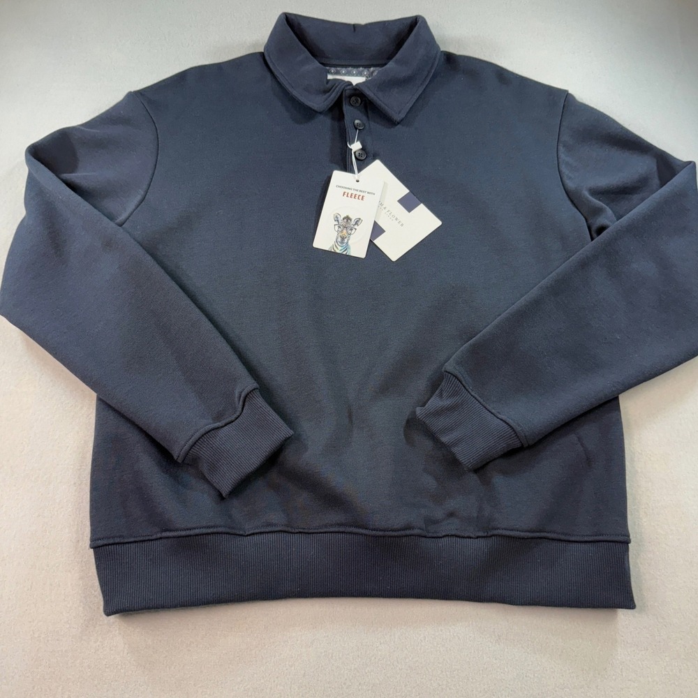 Denim & Flower Ricky Singh Mens Navy Blue Fleece Polo Sweatshirt Medium NWT